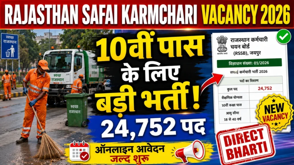 Rajasthan Safai Karmchari Vacancy 2026: राजस्थान में 10वीं कक्षा पास के लिए सफाई कर्मचारी के 24,752 पदों पर निकली भर्ती